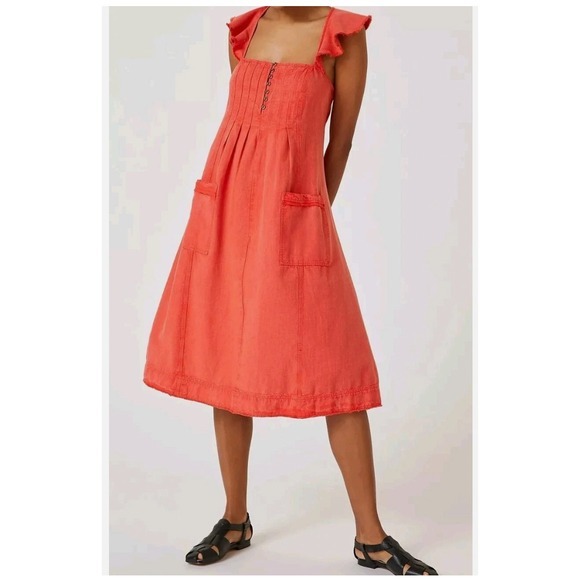 Anthro Pilcro Midi Dress Sz L Burnt Orange Flutter denim Sleeve Criss Cross Back